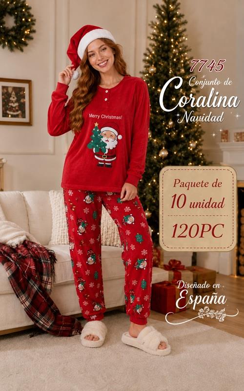 7745 Pijama Navidad mujer coralina rojo con pantalón estampado