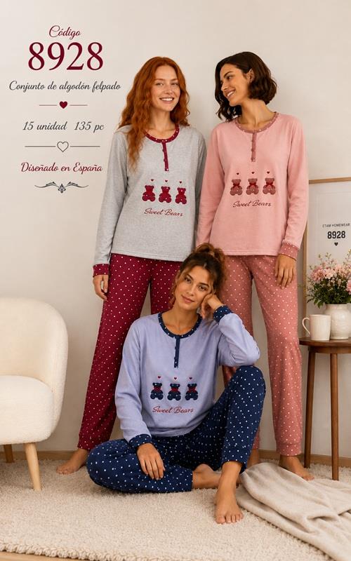 A8928 Pijama de mujer afelpado con ositos y pantalón estampado