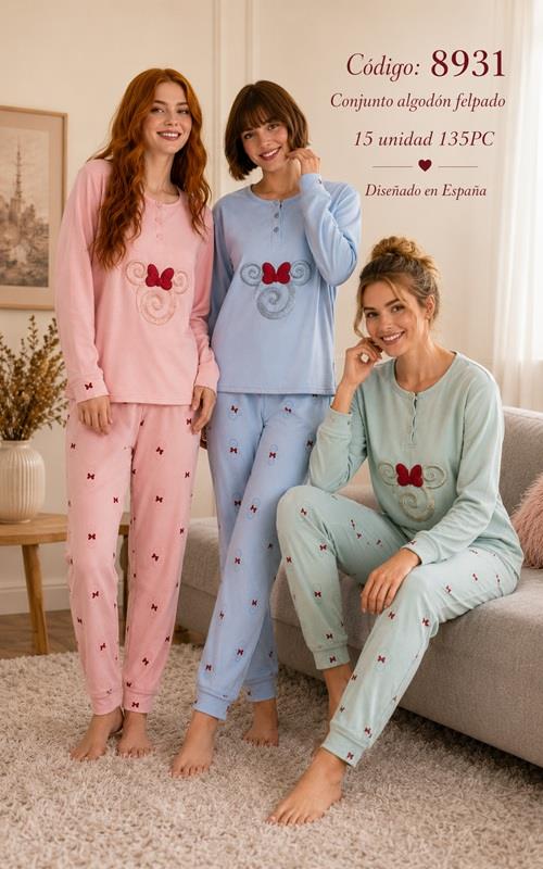 A8931 Pijama de mujer en algodón afelpado con diseño de lazo