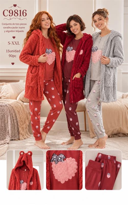 A9816 Pijama mujer 3 piezas de algodón afelpado con bata de coralina
