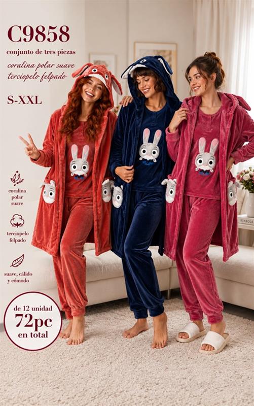 A9858 Pijama mujer 3 piezas con bata de coralina y terciopelo afelpado
