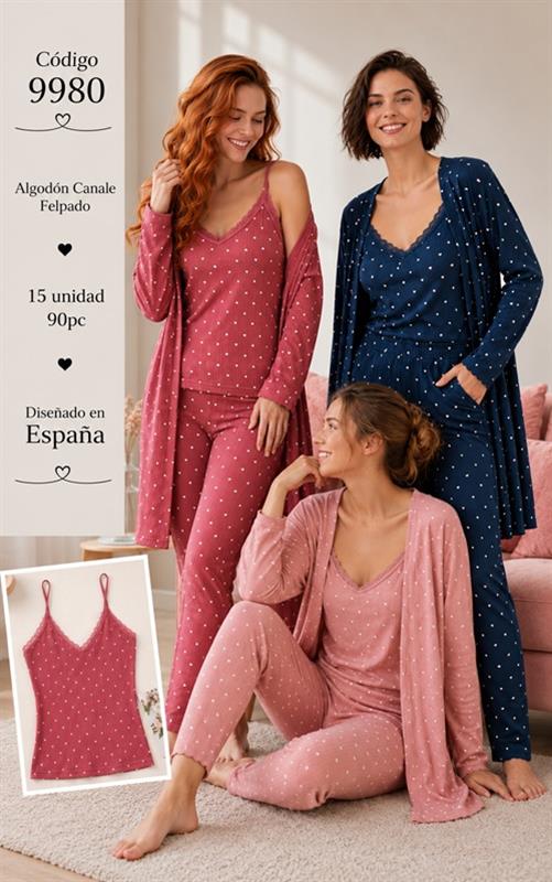 A9980 Pijama mujer 3 piezas de algodón canalé afelpado con bata