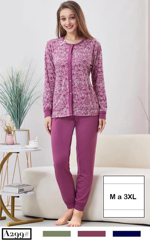 A299 Pijama elástico en algodón afelpado para mujer.