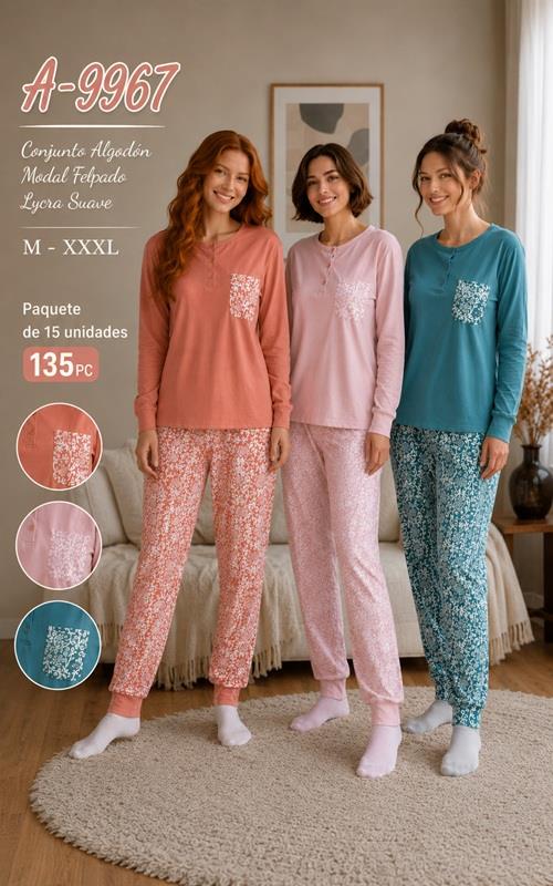 A9967 Pijama de mujer afelpado con pantalón estampado y bolsillo