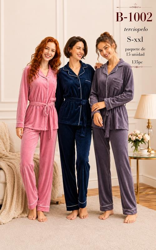 B1002 Pijama de mujer en terciopelo con chaqueta y cinturón
