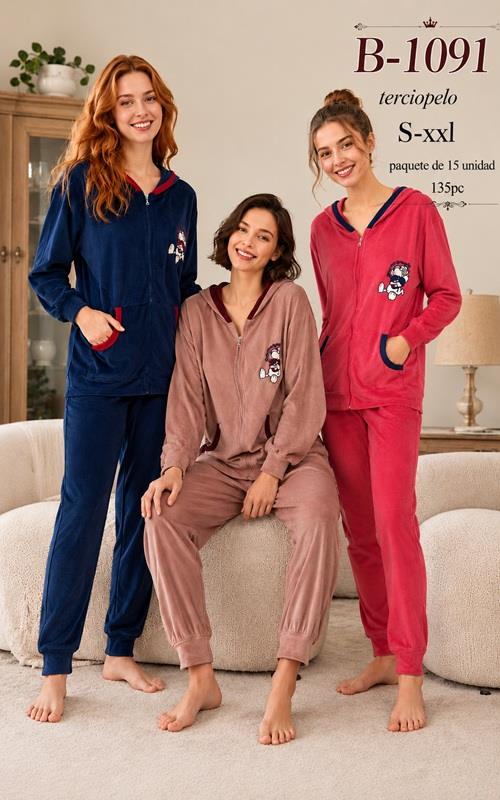 B1091  Pijama de terciopelo para mujer con capucha y cremallera