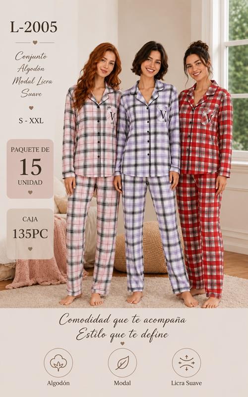 L2005 Pijama mujer de algodón modal y licra suave con cuadros