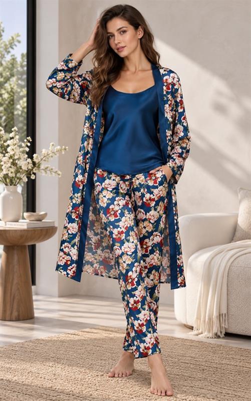 S744 Pijama de 3 piezas en satén para mujer.