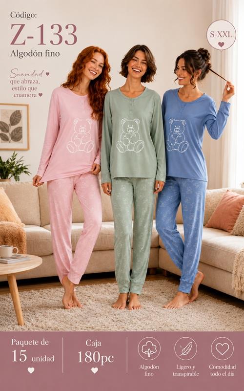 Z133 Pijama de mujer en algodón fino con diseño de osito