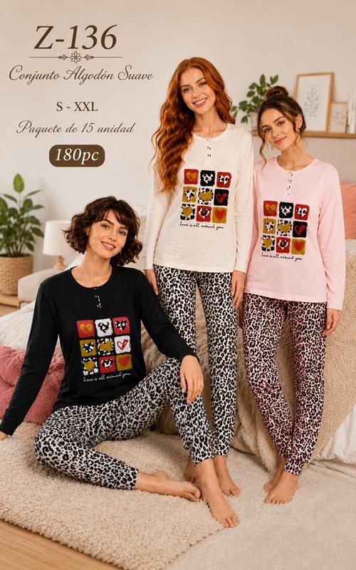 Z136 Pijama de mujer en algodón fino con pantalón animal print
