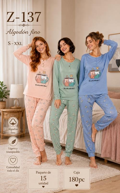 Z137 Pijama de mujer en algodón fino con estampado de tazas