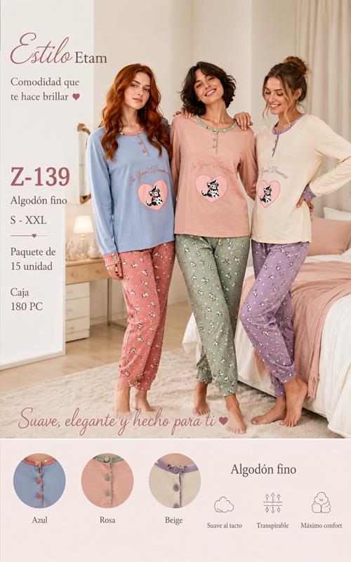 Z139 Pijama de mujer en algodón fino con pantalón estampado